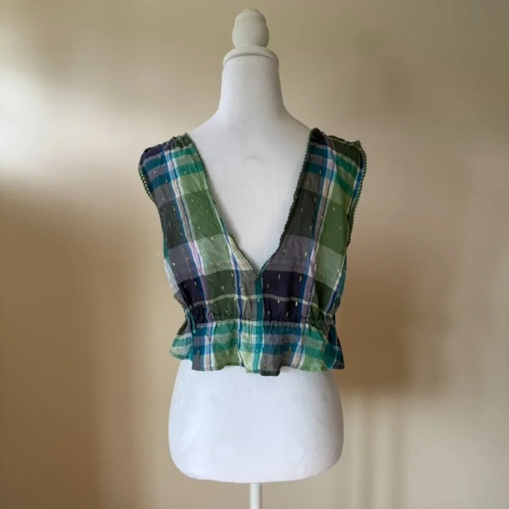 NWOT Aerie Blue Green Plaid Peplum Summer Crop Top Front Tie Plunge Neck Size XS - Picture 3 of 8